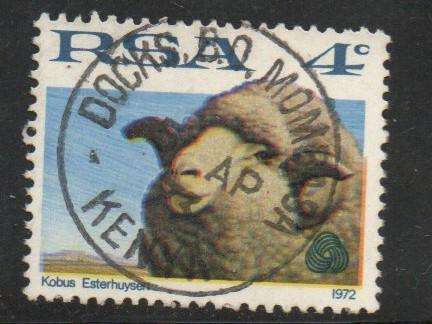 RSA 4c stamp, sheep, Kenya cancellation DOCKS B.O. MOMBASA 5 AP 73 c.d.s.