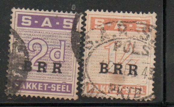 South Africa, railways, S.A.S PAKKET-SEEL, (station code) BRR, 2d, 1/- used