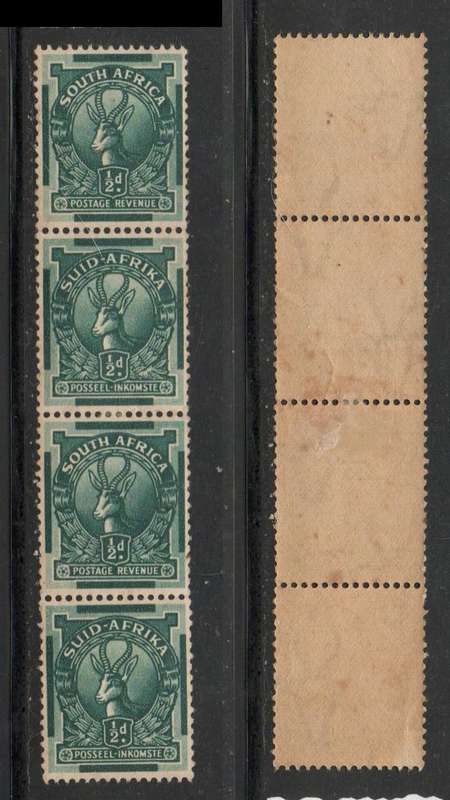 South Africa, 1941, 1/2d coil strip of 4, MH*, toned