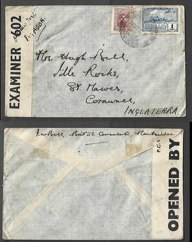Uruguay, air mail, 1Peso20c, MONTEVIDEO 8 ABR 42 c.d.s.>England, via New York (ms) EXAMINER 602