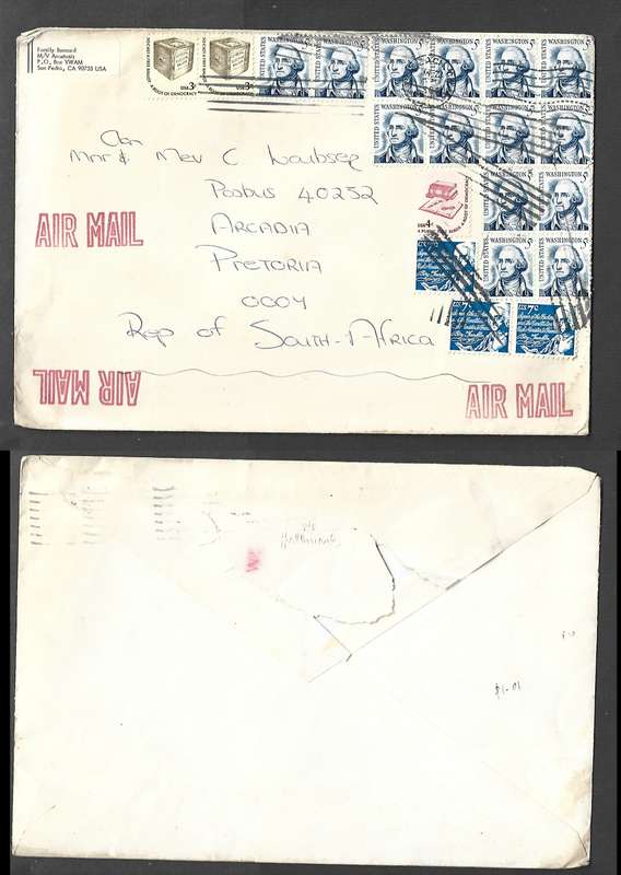 USA, large cover, 22 adhesives, 1$1c Air Mail > S.Africa