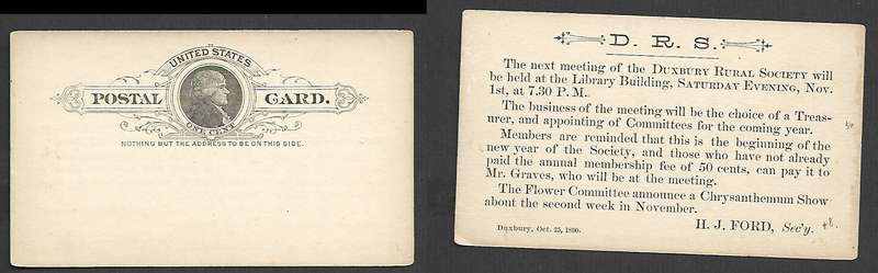 USA, Postal Card, unused DUXBURY RURAL SOCIETY Oct 25 1890 notice of meeting, Saturday Evening Nov1
