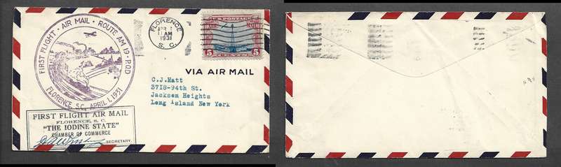 USA, 1st Flight, FLORENCE ROUTE AM 19, FLORENCE APR 1 1931 c.d.s. >New York, signed