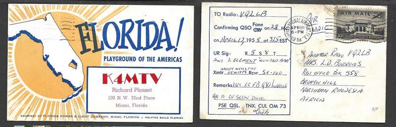 USA, QSL card K4MTV Florida, 10c air INTERNATIONAL AIRPORT FLA. APR 18 1958>Broken Hill N. Rhodesia