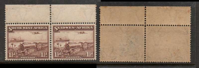South West Africa. 1937 , 1 1/2d trains, pair, upper marginal MNH ** gum tone