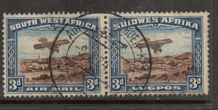 South West Africa. 1931, 3d, Air Mail, pair, used AIR MAIL WINDHOEK - KIMBERLY c.d.s.