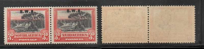 South West Africa. 1827, pair, 3d S.Africa perf 14 x 13.25,  opt  S.W.A., MH *