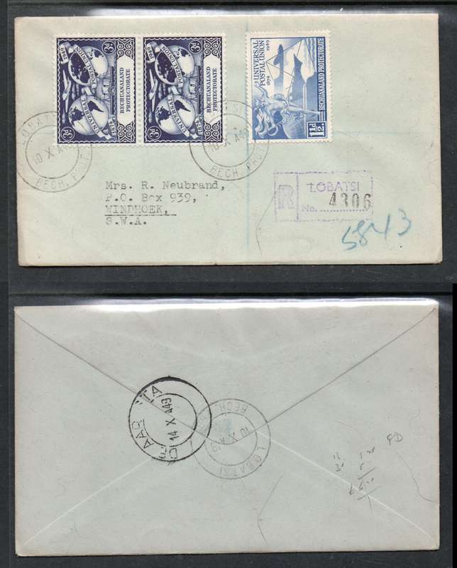 Bechuanaland plain FDC U.P.U. 3d x2, 1 1/2d, registered LOBATSI 10 X 49 cds>Windhoek, DE AAR transit