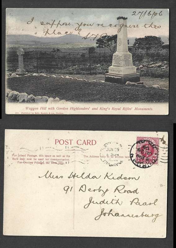 Natal Wagon Hill Gordon Highlander & Kings Royal Rifles used DURBAN JU 29 06 cds> JOHANNESBURG