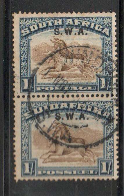 South West Africa. 1827, pair,1/- S.Africa perf 14,  opt  S.W.A, used