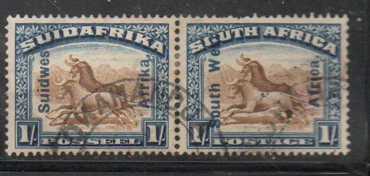 South West Africa. 1927, pair, 1/- S.Africa perf 14, opt  South West Africa, used