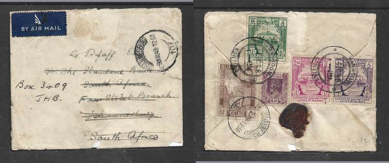 Burma, 1948 air mail, 15 annas, 6 pies, RANGOON > Johannesburg