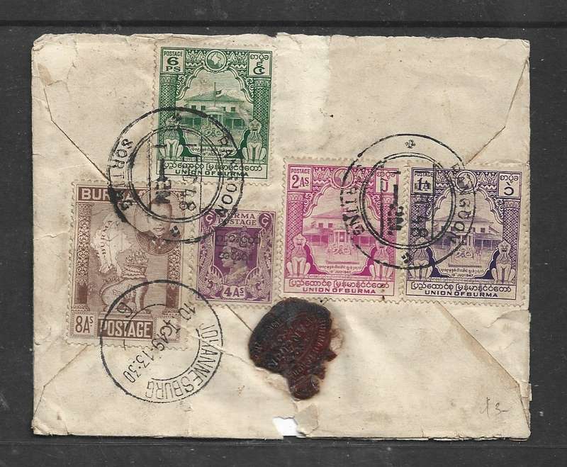 Burma, 1948 air mail, 15 annas, 6 pies, RANGOON > Johannesburg