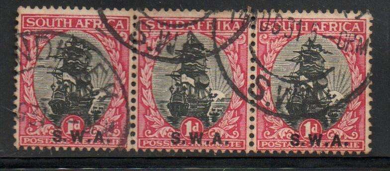 South West Africa. 1930, 1d of S.Africa (Pretoria ptg) opt  S. W. A, strip of three, good used