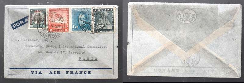 Chile airmail, 4 colour franking, 7 Peso 70, SANTIAGO 20 DIC 34 cds > PARIS