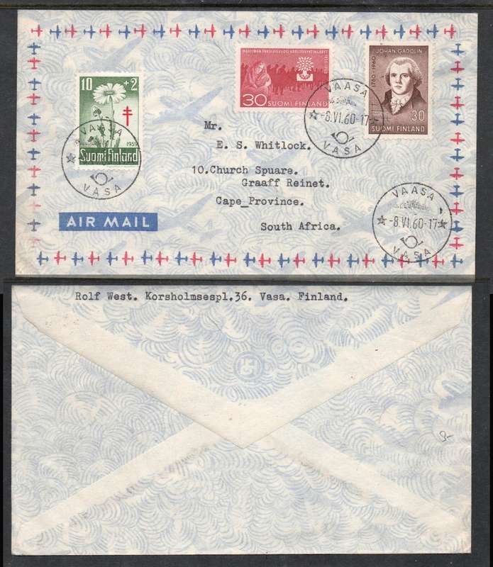 Finland, airmail, 3 colour franking 70 peni, VAASA 8 VI 60 cds > South Africa