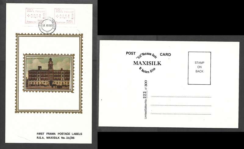 S Africa 1st Frama labels, MaxiSilk No223 /300, cancel RISSIK ST  JOHANNESBURG 14 VIII 86