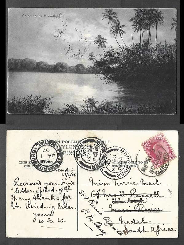 Colombo by Moonlight, India 1a,  CALCUTTA 29 NO 06> MOOI RIVER NATAL, redirected > PIETERMARITZBURG