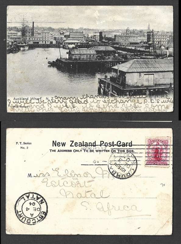 Auckland Wharf, used 1d,  AUCKLAND NZ ?? 04 >ESTCOURT  NATAL DE 4 04, DURBAN NATAL DE 3 04transit