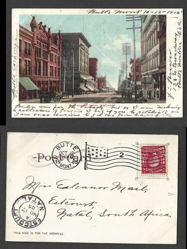 USA Main St. Butte Montana, 2c,  BUTTE MONTANA  2  OC 12 1905 >ESCOURT NATAL NO 17 05