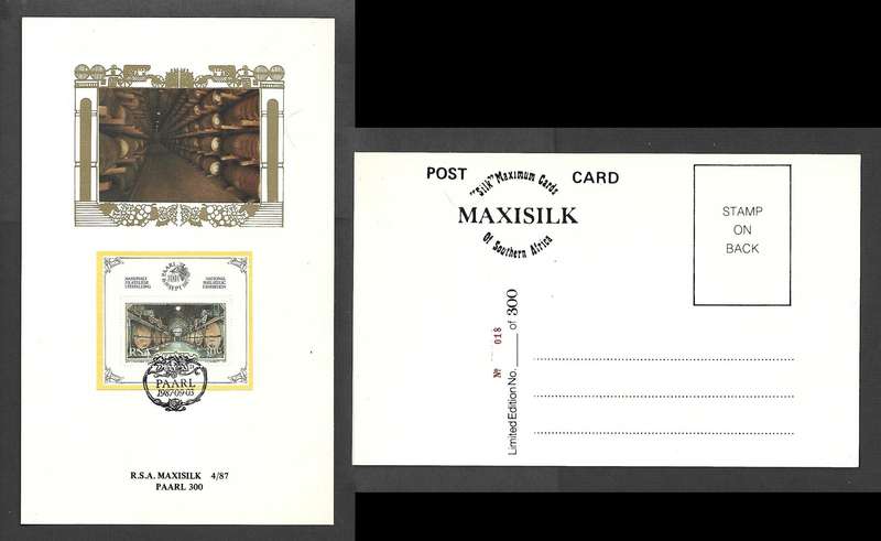 S Africa Paarl Philatelic Exhibition, MaxiSilk No018 /300, cancel PAARL 1987-09-03
