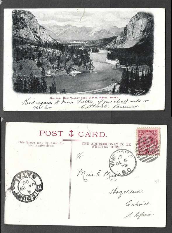 Canada Bow Valley CPR Hotel, Banff, used 2c VANCOUVER-17- DE 6 O5  cds > ESTCOURT NATAL JA 19 06