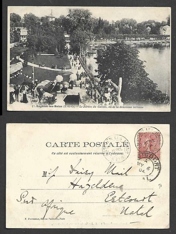 France, garden & casino, used 10c, ENGHIEN-LES-BAINS ?? AVRIL 04 cds > ESTCOURT NATAL MY 6 04