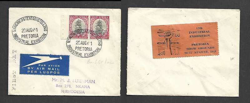 South Africa airmail cover > Rhodesia INDUSTRIAL EXHIBITION PRETORIA 20 AUG 51,   First Day +label