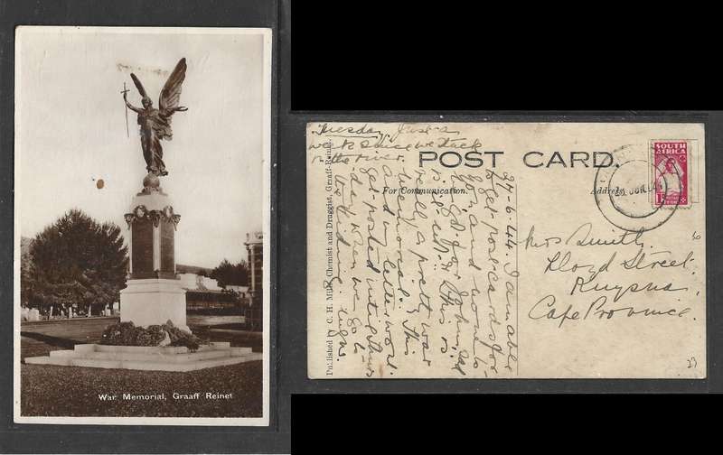Graaff - Reinet, War Memorial, post card, used 1d, GLENHARRY 27 JUN 44 > Knysna