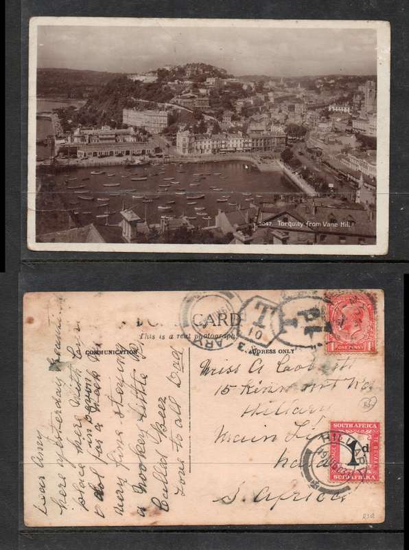 PPC Torquay, 1d ? 24 JY 31 T(axe)1d, T(axe)10 (Cent),South Africa 1d Postage Due HILLARY 19 AUG 31