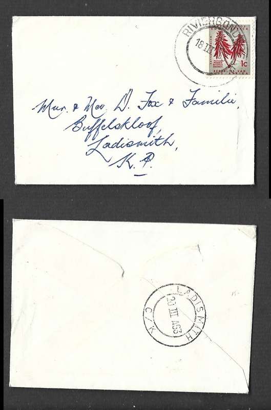 South Africa, domestic cover, 1c, RIVIERSONDEREND 18 III 63 cds > LADISMITH 20 III 63 cds