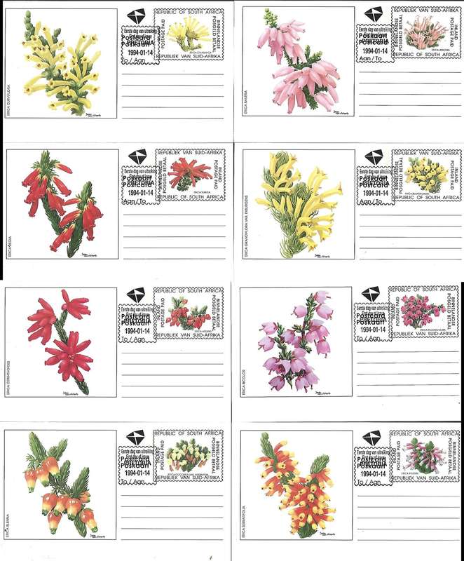 S Africa 1994 "Erica" (flowers) 8 x Inland Postage Paid postal stationery cards 1st day 1994-01-14