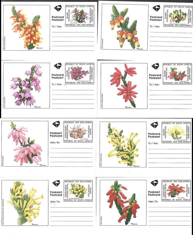 South Africa 1994, "Erica" (flowers) 8 x Inland Postage Paid postal stationery cards, unused