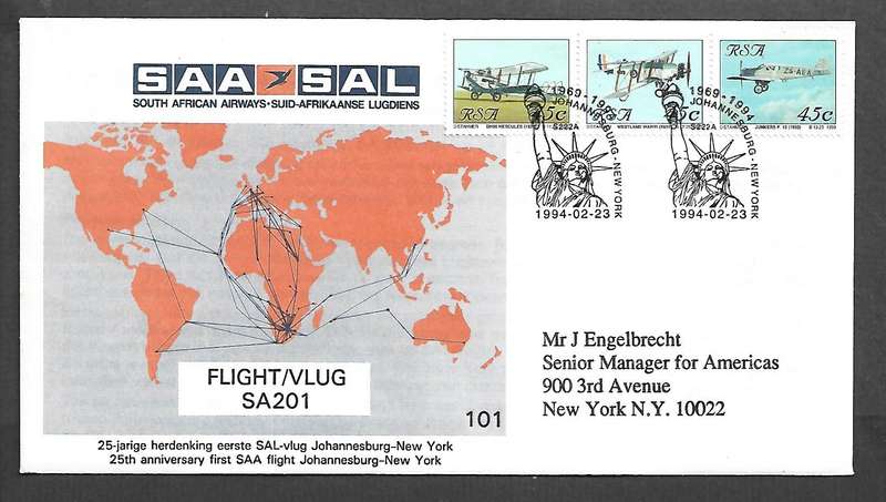 S Africa 25th anniv Johannesburg>New York, SA 201, 1969-1994 JOHANNESBURGH-NEW YORK 1994-02-23