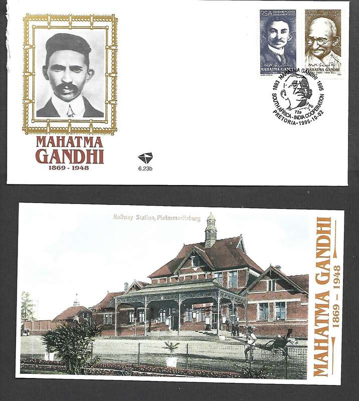 S Africa Mahatma Gandhi FDC & insert post card, Pietermaritzburg station, PRETORIA 1995-10-02