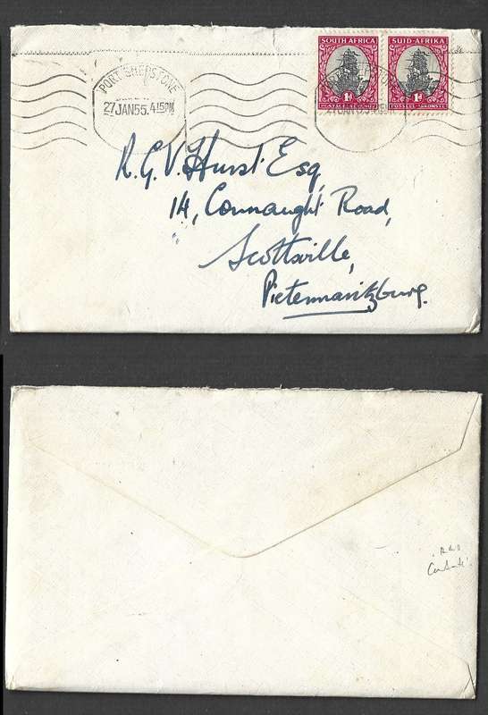 South Africa, pair of 1d, PORT SHEPSTONE 27 JAN 55cds>Pietermaritzburg. Letter ref Governor General.