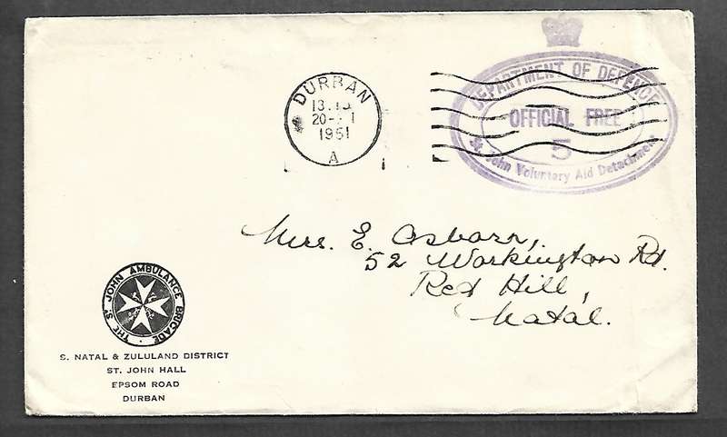South Africa DEPARTMENT OF DEFENCE ST. JOHN VOLUNTARY AID DETACHMENT OFFICIAL FREE 5, 1951