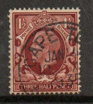 South Africa, partial strike CAPE T(OWN) P(AQUEBOT) 1935 c.d.s. on GB 1 1/2d
