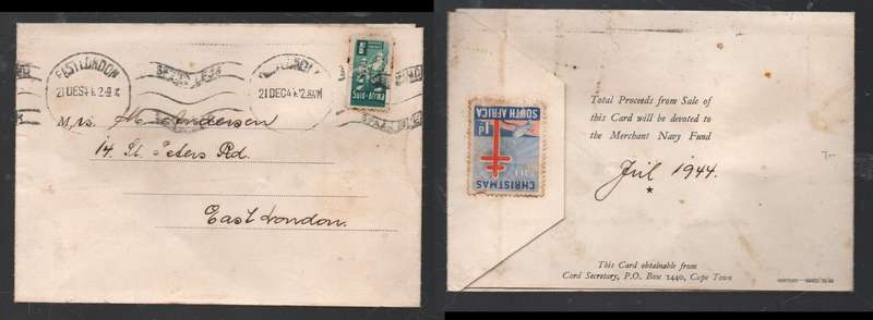 South Africa Merchant Navy Fund Xmas Card, used 1/2d EAST LONDON 21 DEC 44cds, 1d anti TB seal