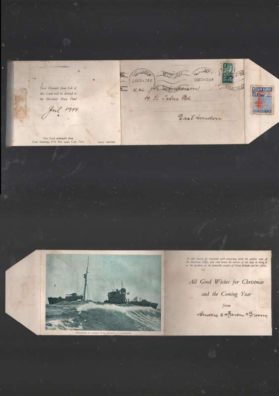 South Africa Merchant Navy Fund Xmas Card, used 1/2d EAST LONDON 21 DEC 44cds, 1d anti TB seal