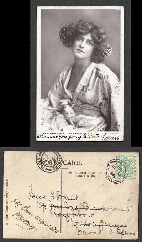 . Gabrielle Ray, used UK 1/2d, NEWCASTLE ON TYNE MY 18 09 > PIETERMARITZBURG NATAL