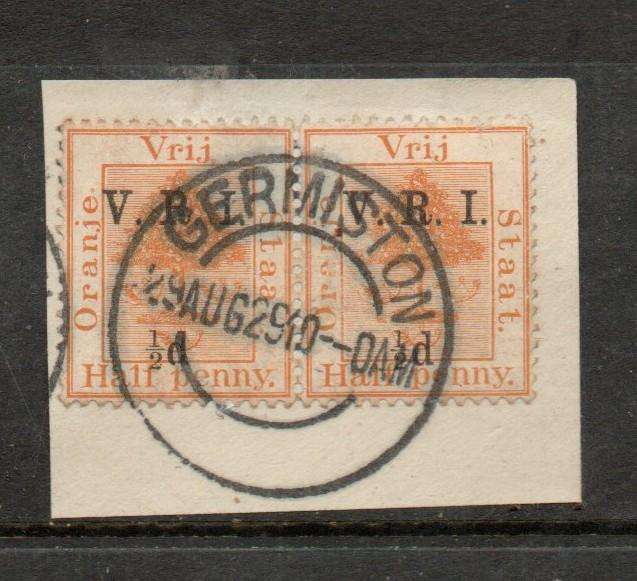 South Africa, V.R.I. 1/2d opt on OVS HalfPenny c.d.s. used GERMISTON 29 AUG 29 c.d.s. on fragment