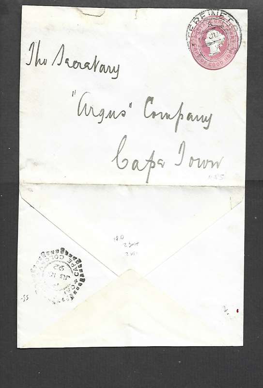 CoGH 1892 1d envelope, used GRAAFFREINET 14 JU 92cds > CAPETOWN JU 16 9S cds