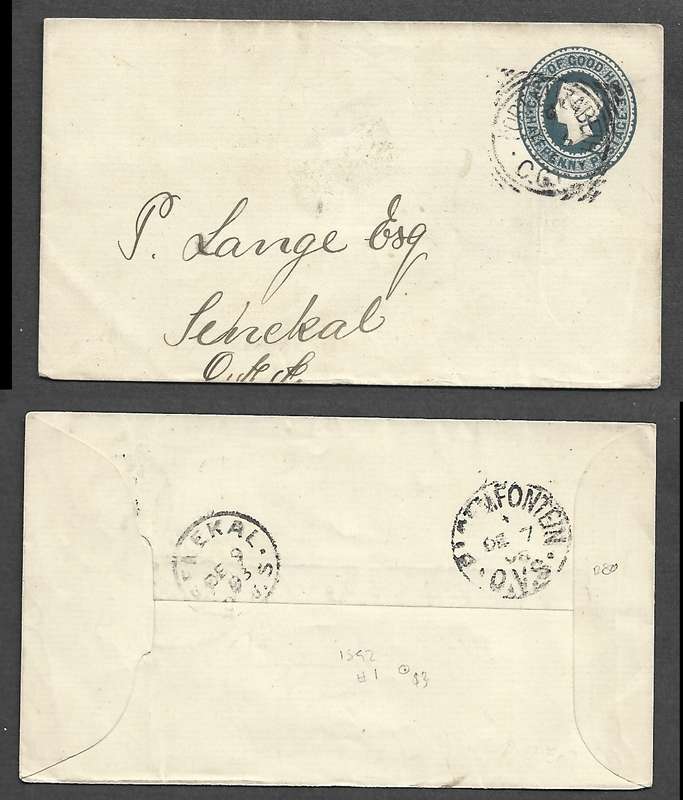 CoGH 1891 1/2d envelope, PORT ELIZABETH DE 5  93cds > SENEKAL OVS DE 9 93cds, BLOEMFONTEIN transit