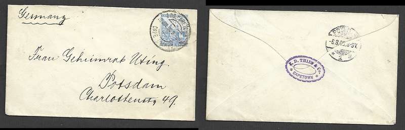 CoGH, 2 1/2d, GPO CAPE TOWN CAPE COLONY 18 JUL ?? cds > POTSDAM 6.8.??arrvial cds