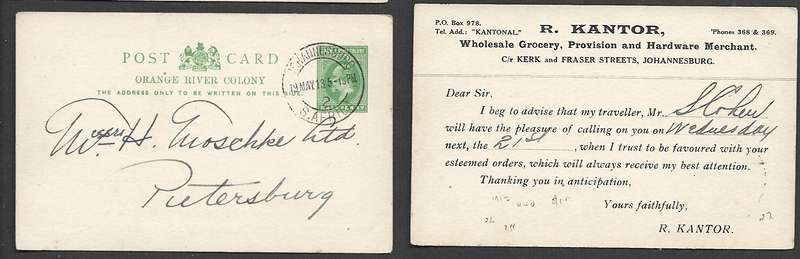 Orange River Colony, Union, 1/2d post card of 1912, used inter-provincial JOHANNESBURG18 MAY 13 cds