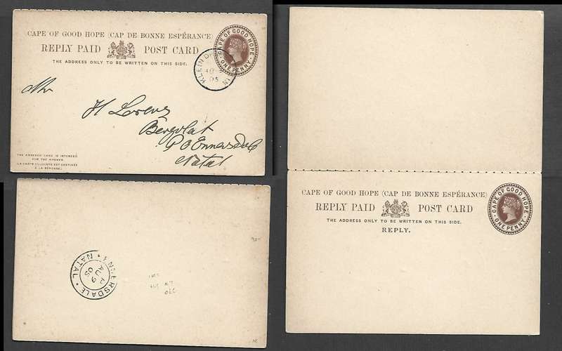 CoGH,  1d, reply cards KLEIN DRAKENSTEIN AU 3 05 cds > ENNERSDALE NATASL AU 9 05 cds