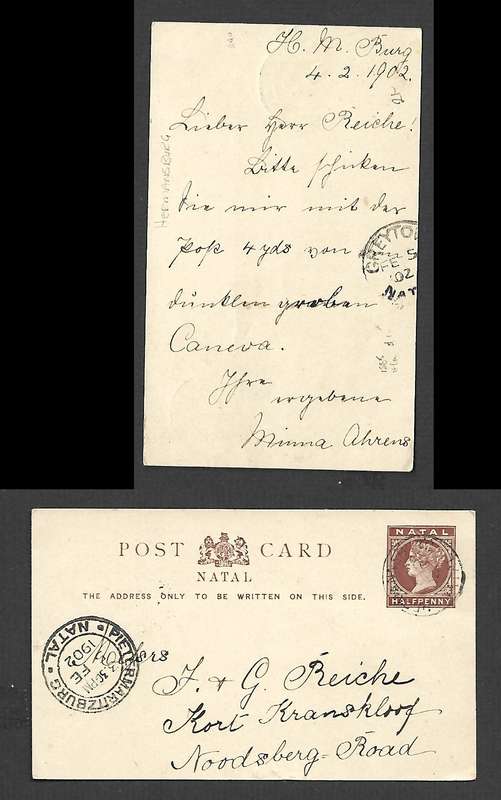 Natal 1/2d  card of 1885, used HERMANSBURG 4.2.02cds PIETERMARITZBURG & GREYTOWN transits