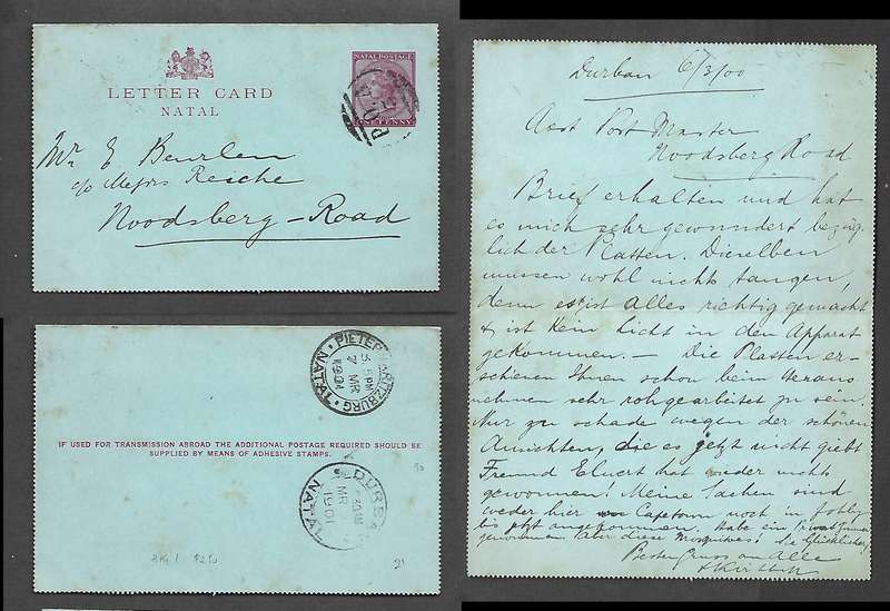 Natal 1d letter card 1900, used P.O.A.3barred circle & DURBAN cds > Noodsburg Road PIETERMARITZBURG