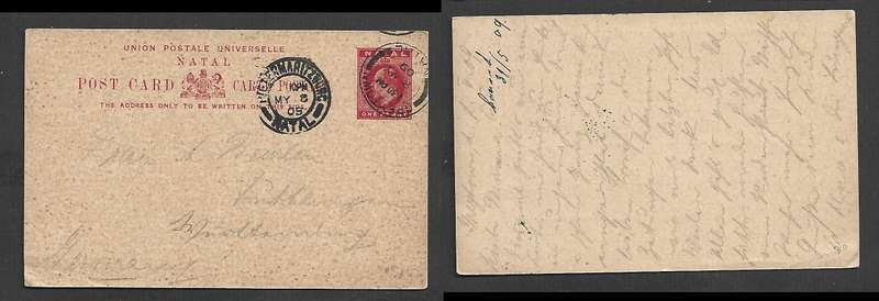 Natal EVIIR 1d post card, used GREYTOWN  NATAL MY 8 09 cds > Germany PIETERMARITZBURG transit